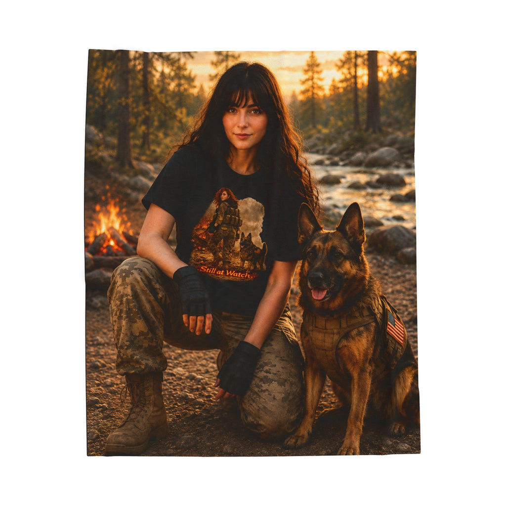 Adventure Dog Hiker Velveteen Plush Blanket — Cozy Wilderness Throw with German Shepherd Graphic