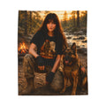 Adventure Dog Hiker Velveteen Plush Blanket — Cozy Wilderness Throw with German Shepherd Graphic