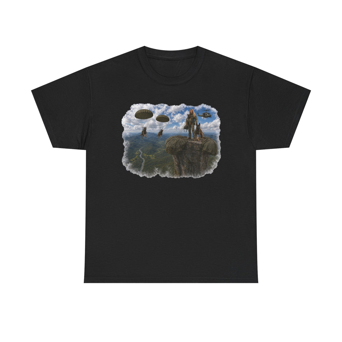Fantasy Adventure T-Shirt — Warrior on Cliff with Airship Sky Scene