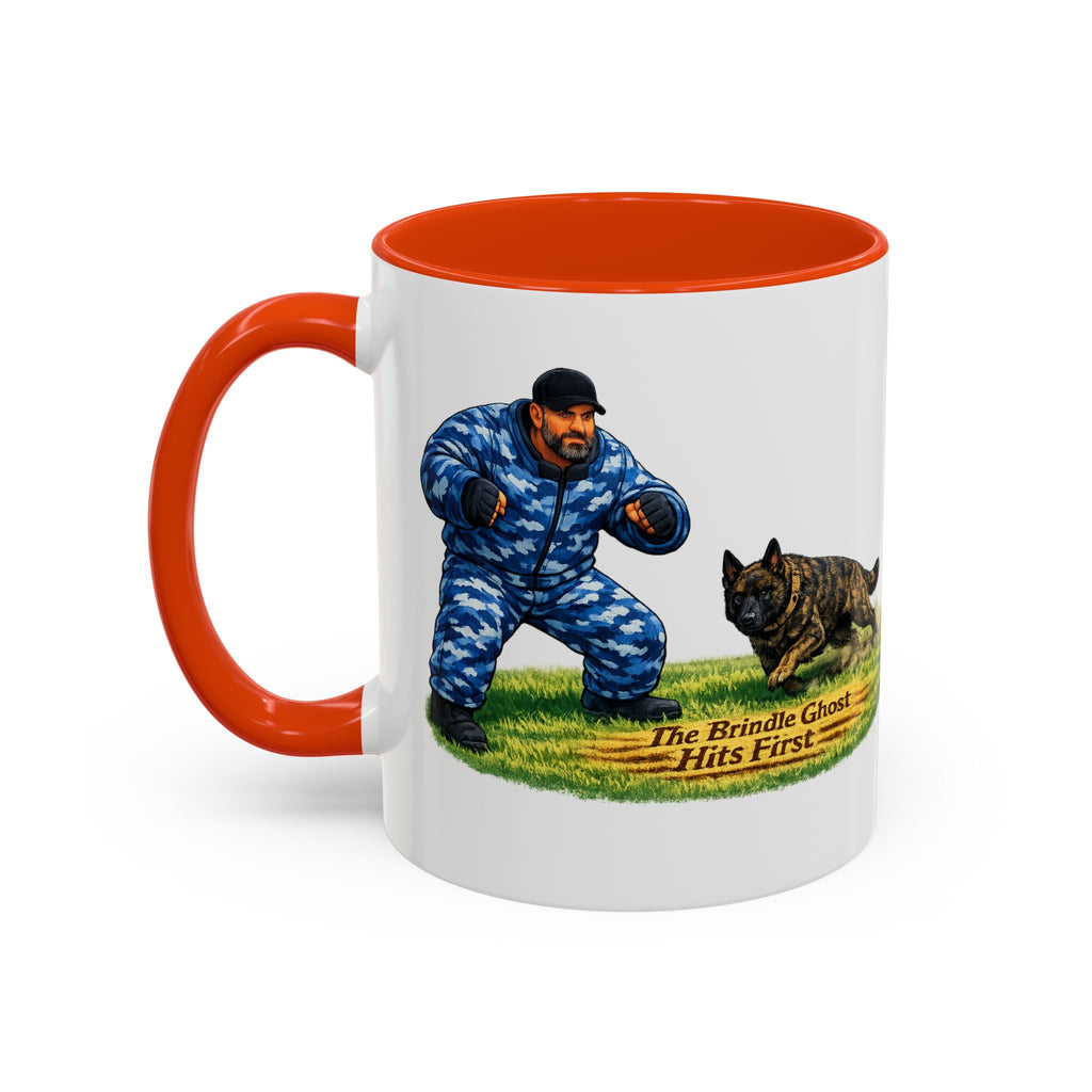 K9 Protection Trainer Mug — “The Brindle Ghost Hits First” Color Accent Coffee Cup (11oz/15oz)