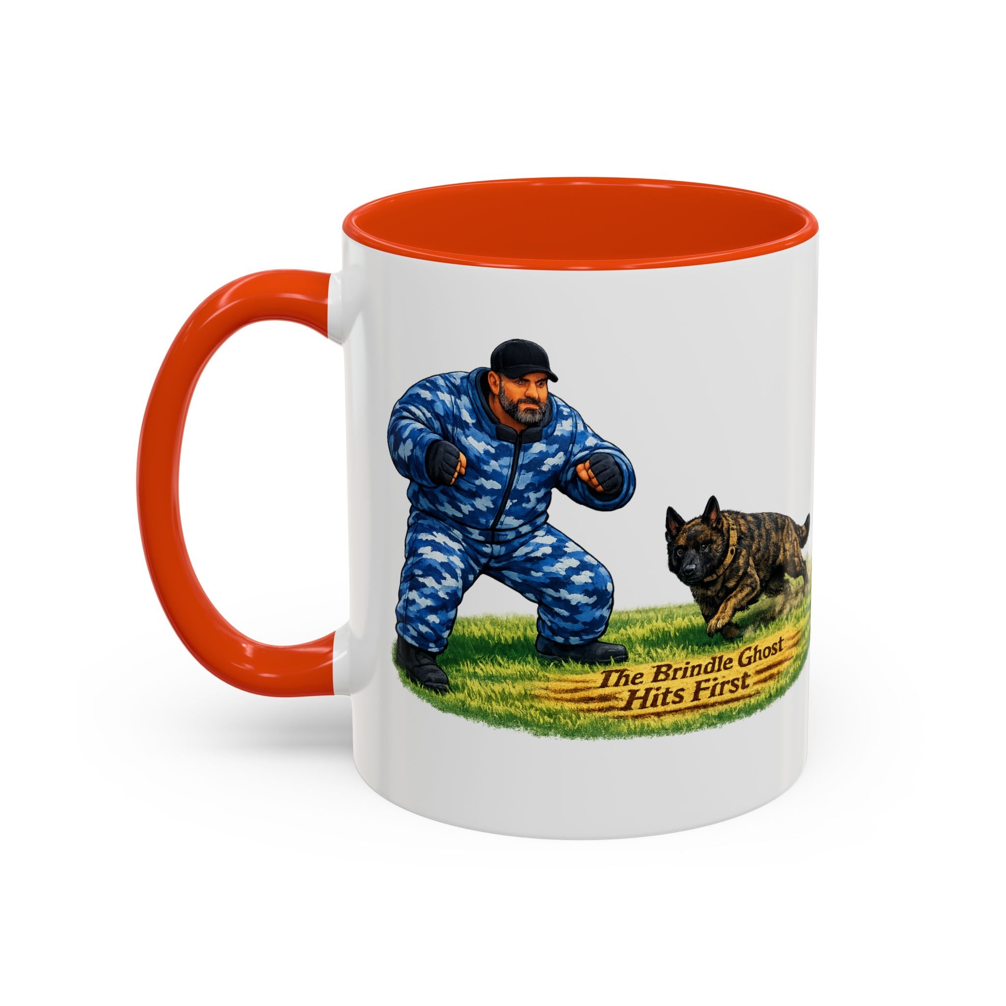 K9 Protection Trainer Mug — “The Brindle Ghost Hits First” Color Accent Coffee Cup (11oz/15oz)