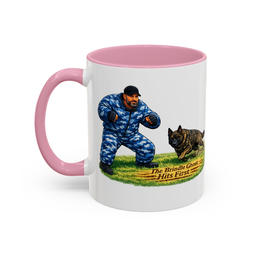 K9 Protection Trainer Mug — “The Brindle Ghost Hits First” Color Accent Coffee Cup (11oz/15oz)