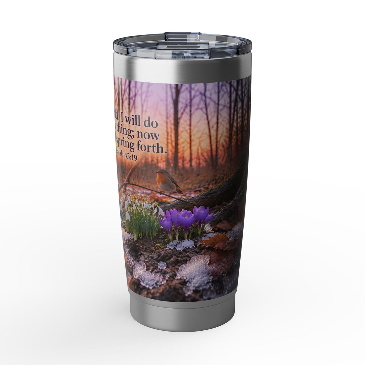 Vagabond 20oz Tumbler — Forest Scripture Sunrise Travel Mug with Inspirational Scripture