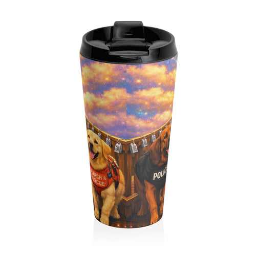 Christian Guardian Dogs Stainless Steel Travel Mug — Jesus with K9 Service Dogs (Army, Navy, Police, Rescue)