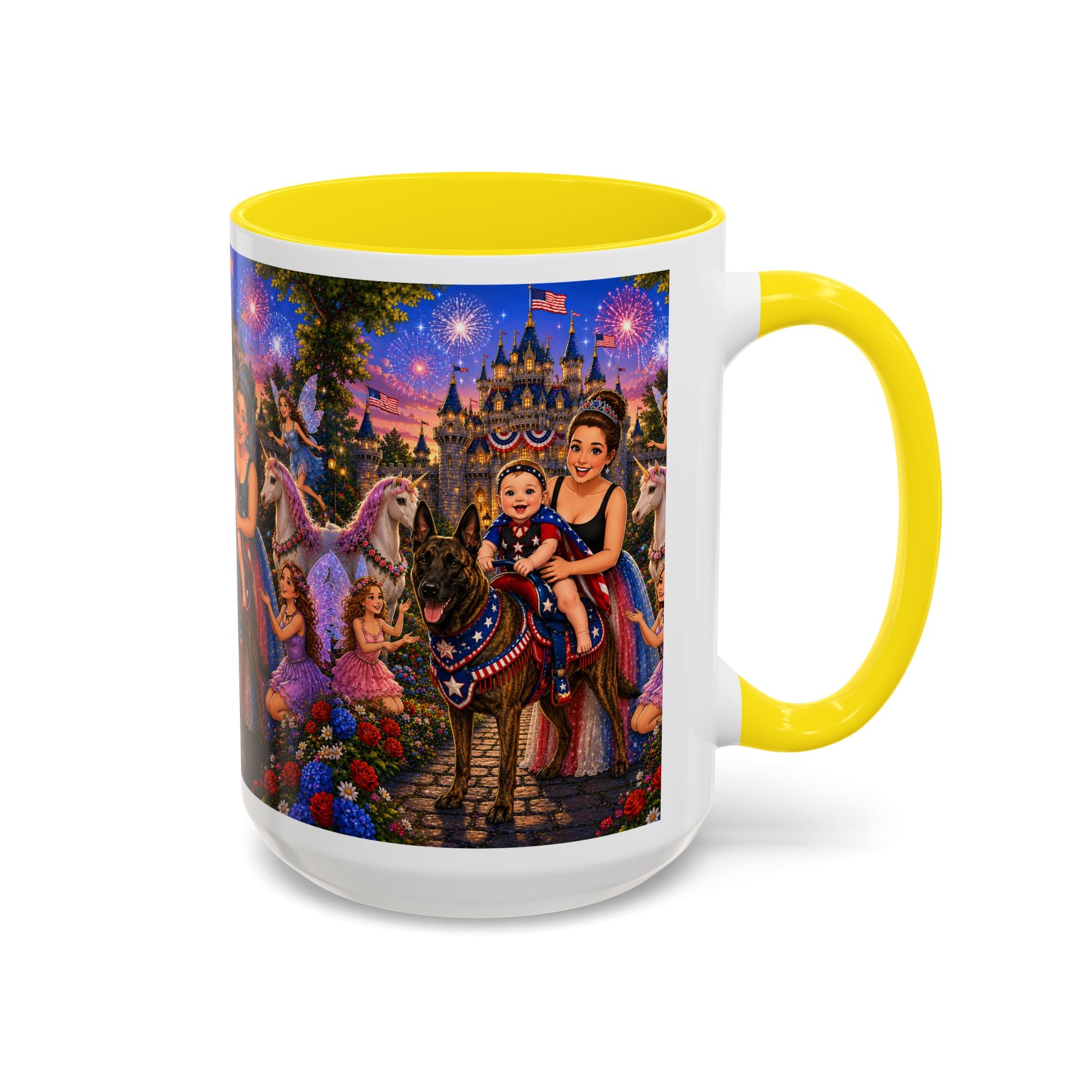 Patriotic Fairy Tale Coffee Mug — Family Castle, Fireworks & Unicorns