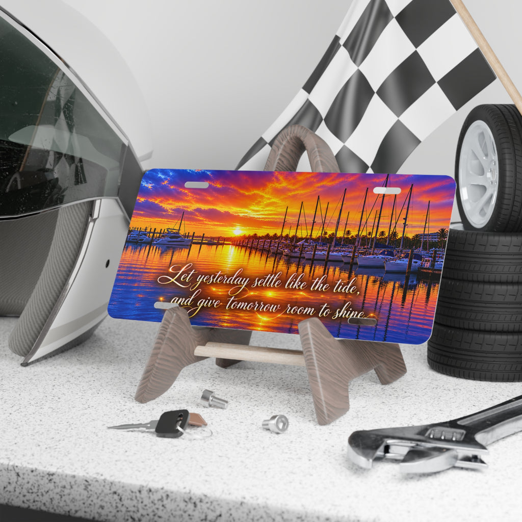 Vanity Plate – Sunset Marina “Let Yesterday Settle Like the Tide” Inspirational Quote