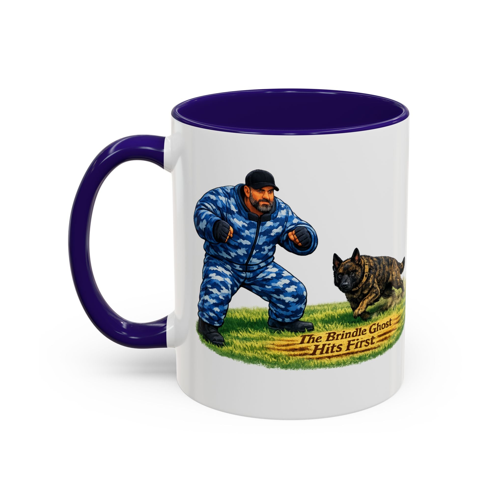 K9 Protection Trainer Mug — “The Brindle Ghost Hits First” Color Accent Coffee Cup (11oz/15oz)