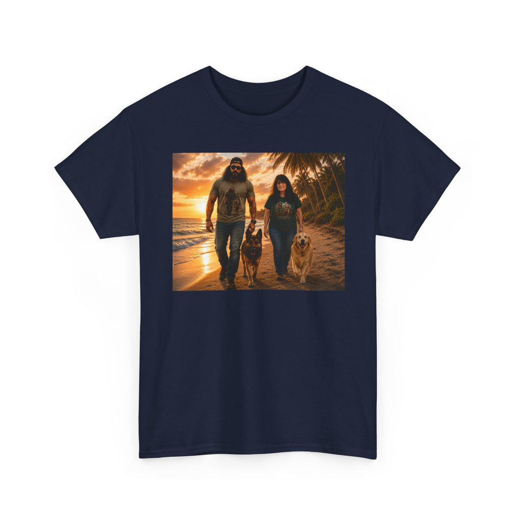 Family Beach Walk Graphic Tee — Couple with Dogs Sunset Shirt