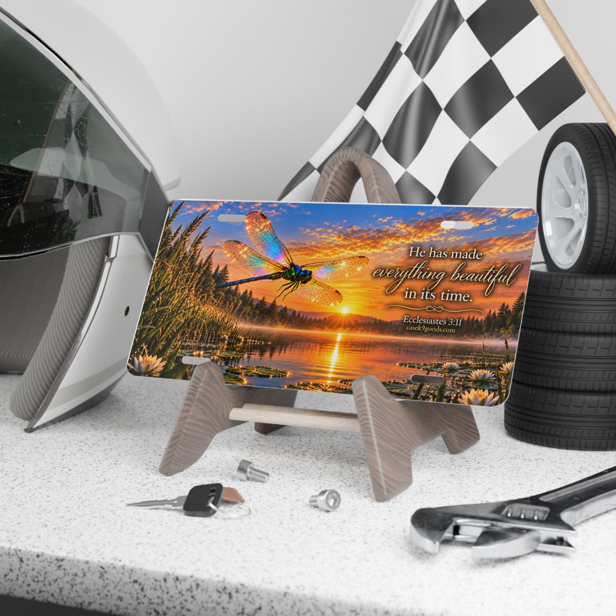 He Has Made Everything Beautiful Vanity Plate – Inspirational Christian Sunset Dragonfly Design