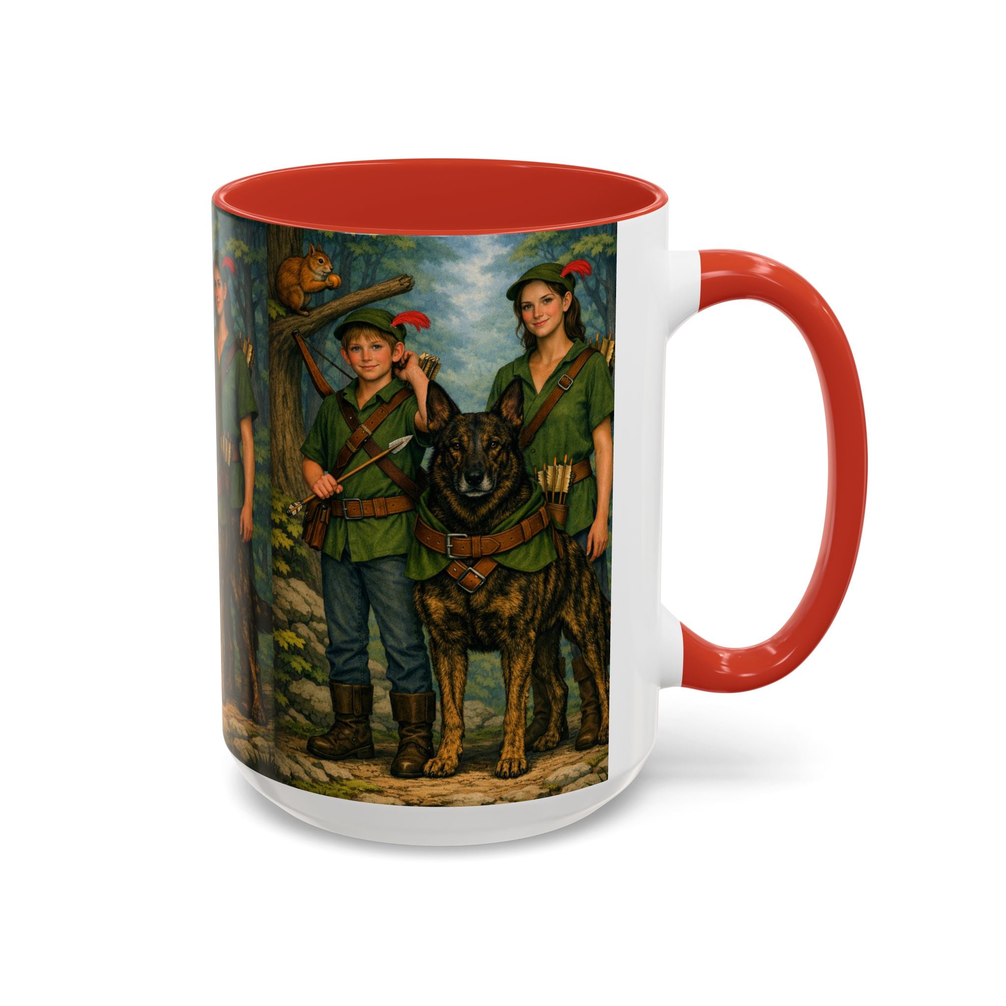 Robin Hood Duo &  Dutch Shepherd Dog Coffee Mug – Fantasy Archer Duo Illustration, Gift for Adventure Fans
