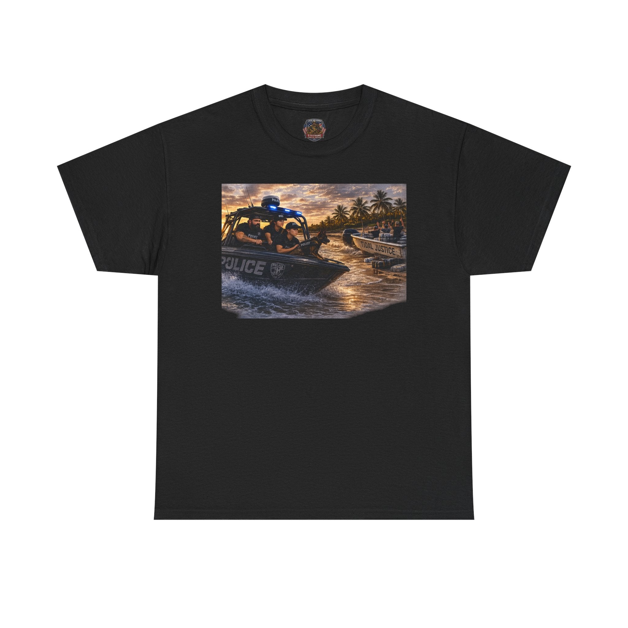 Police K-9 Rescue Boat T‑Shirt — Coastal Patrol Sunset Graphic Tee