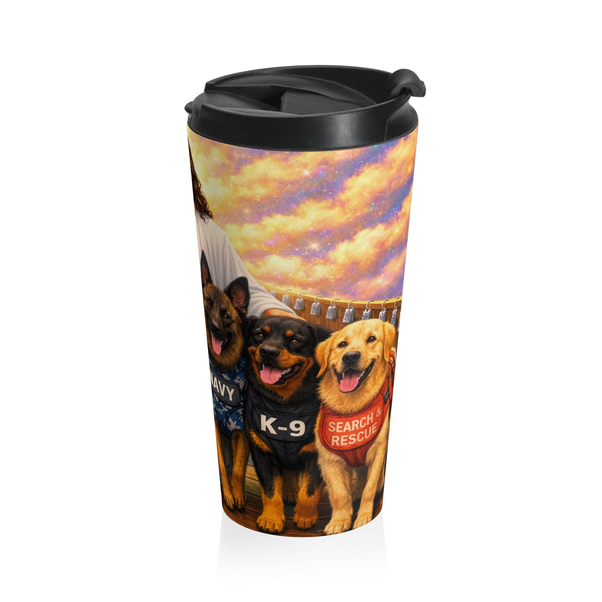 Christian Guardian Dogs Stainless Steel Travel Mug — Jesus with K9 Service Dogs (Army, Navy, Police, Rescue)