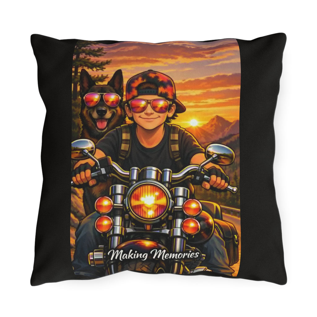 Making Memories Motorcycle Outdoor Pillow – Rider & Dog Sunset Adventure