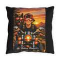Making Memories Motorcycle Outdoor Pillow – Rider & Dog Sunset Adventure