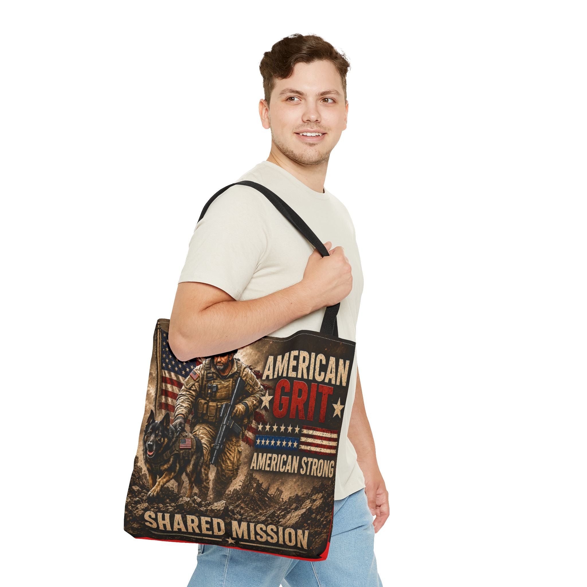 American Grit Military Tote Bag - "Shared Mission" Patriotic Veteran Flag Design