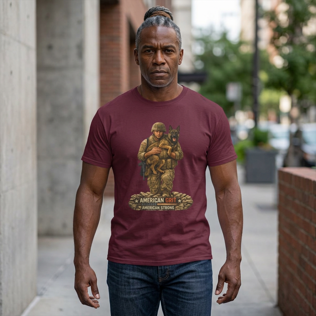 Military Soldier & K9 Rescue T‑Shirt — "American Grit, American Strong"
