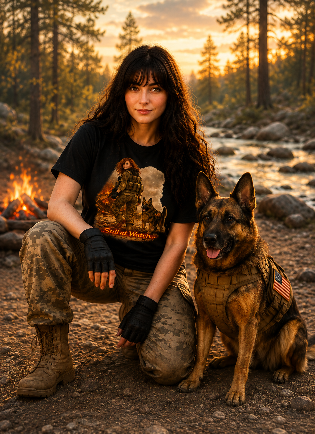 T-Shirt — "Still at Watch" Military Woman & K9 Fire Scene Graphic Tee