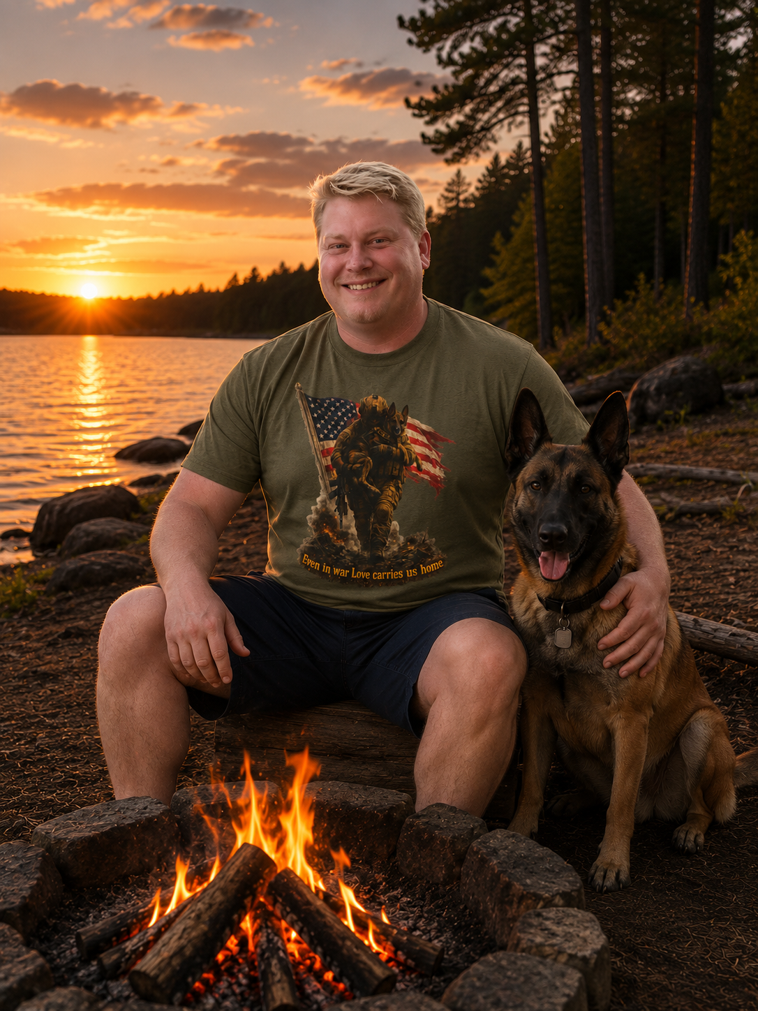 Veteran Memorial T-Shirt — 'Love in War Carries Us Home' American Flag K-9 Soldier Tee