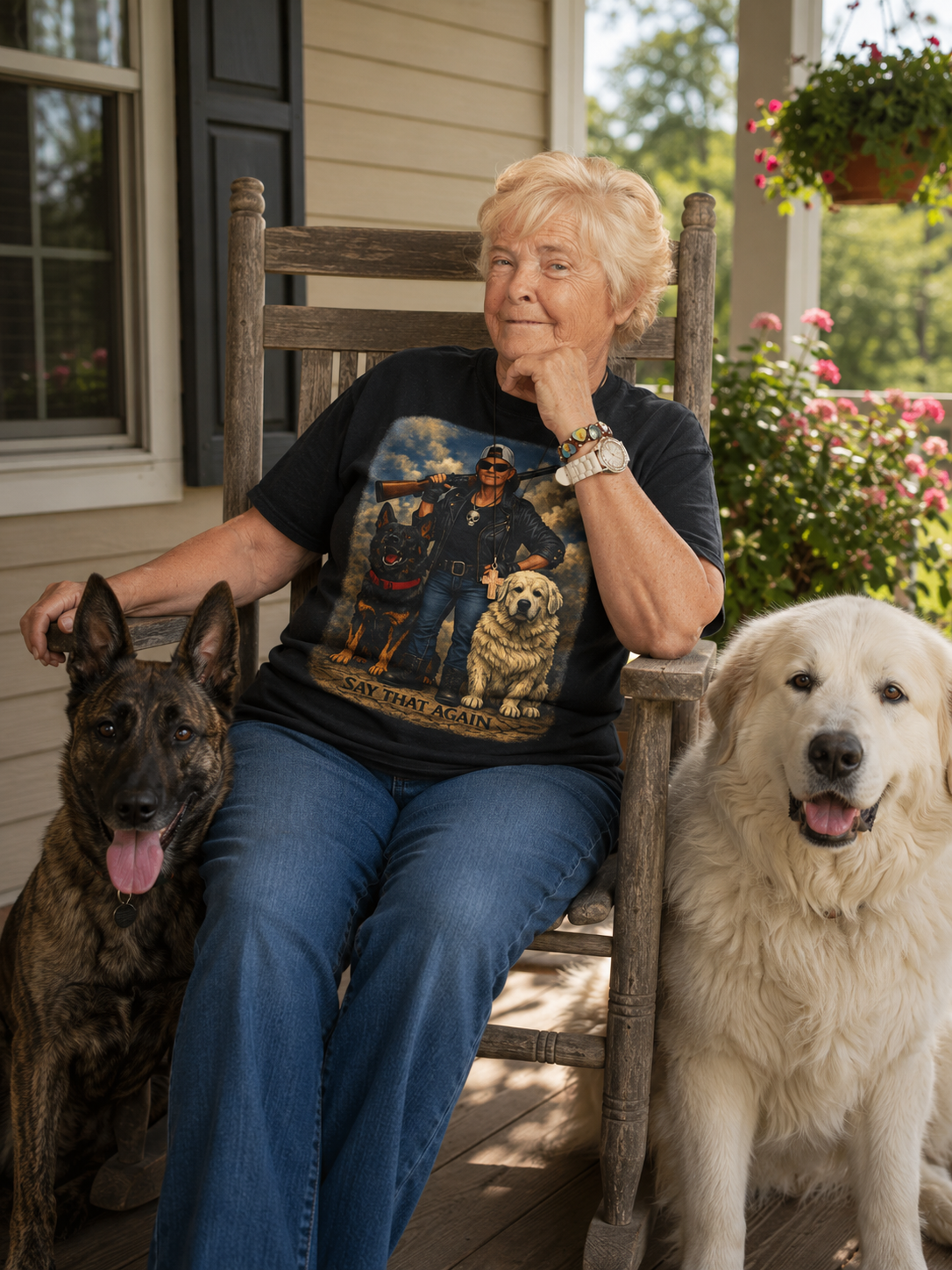 Say That Again Tee — Tough Biker With Rottweiler & Retriever Graphic T-Shirt