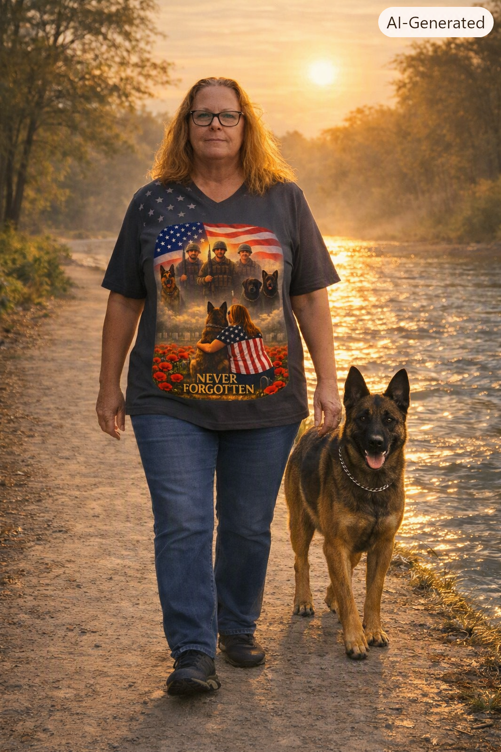 Patriotic 'Never Forgotten' Memorial Tee - American Flag & K9 Tribute