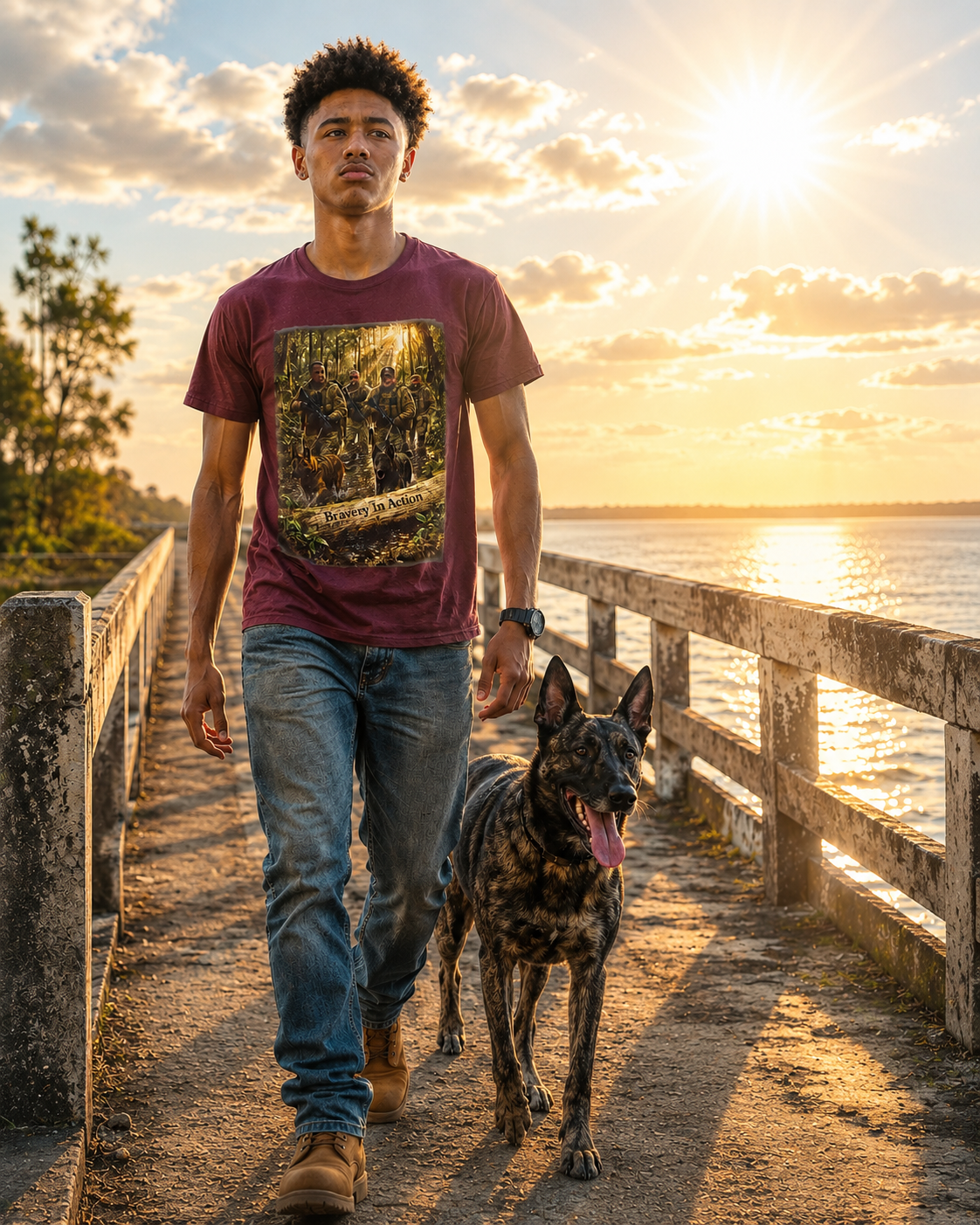 Hunting  K-9 Military Crew Tee — " Service In Action" Forest Camouflage Graphic