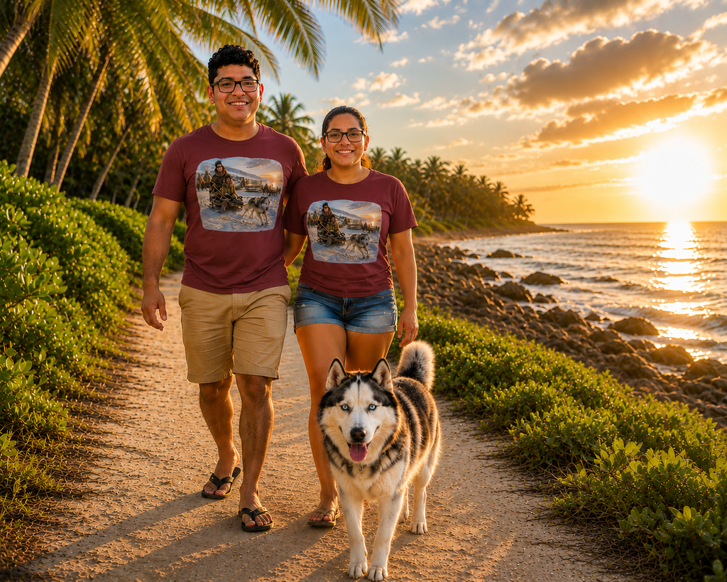 Dog Sledding Sunset T‑Shirt — Winter Adventure Snow Husky Tee