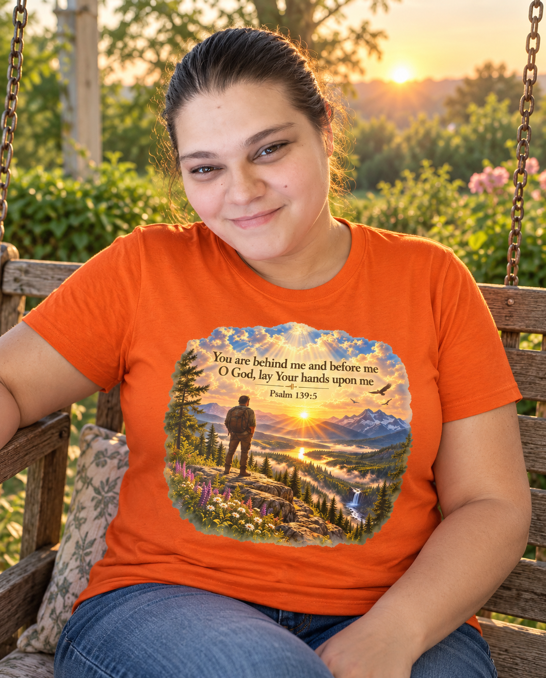 Christian Faith T-Shirt — Psalm 139:5 ‘You Are Behind Me and Before Me’ Mountain Sunset Tee