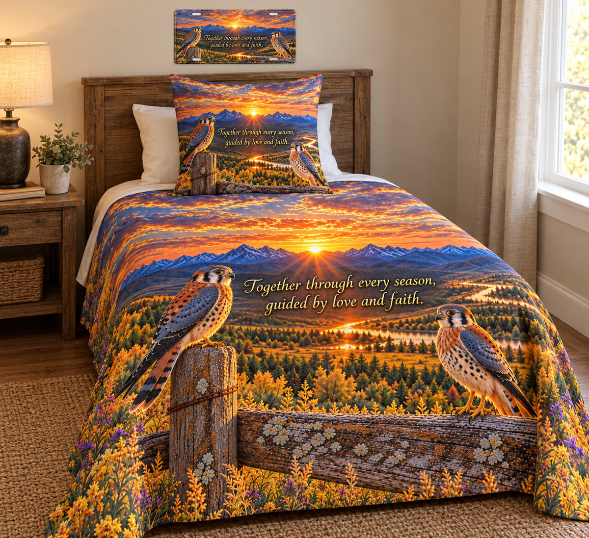 Velveteen Microfiber Blanket – Inspirational Kestrel Birds Mountain Sunset Design