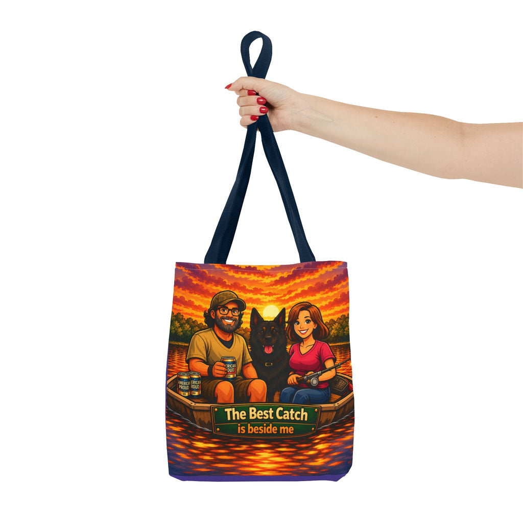 Tote Bag — "The Best Catch Is Beside Me" Fishing Couple & Dog Sunset Tote