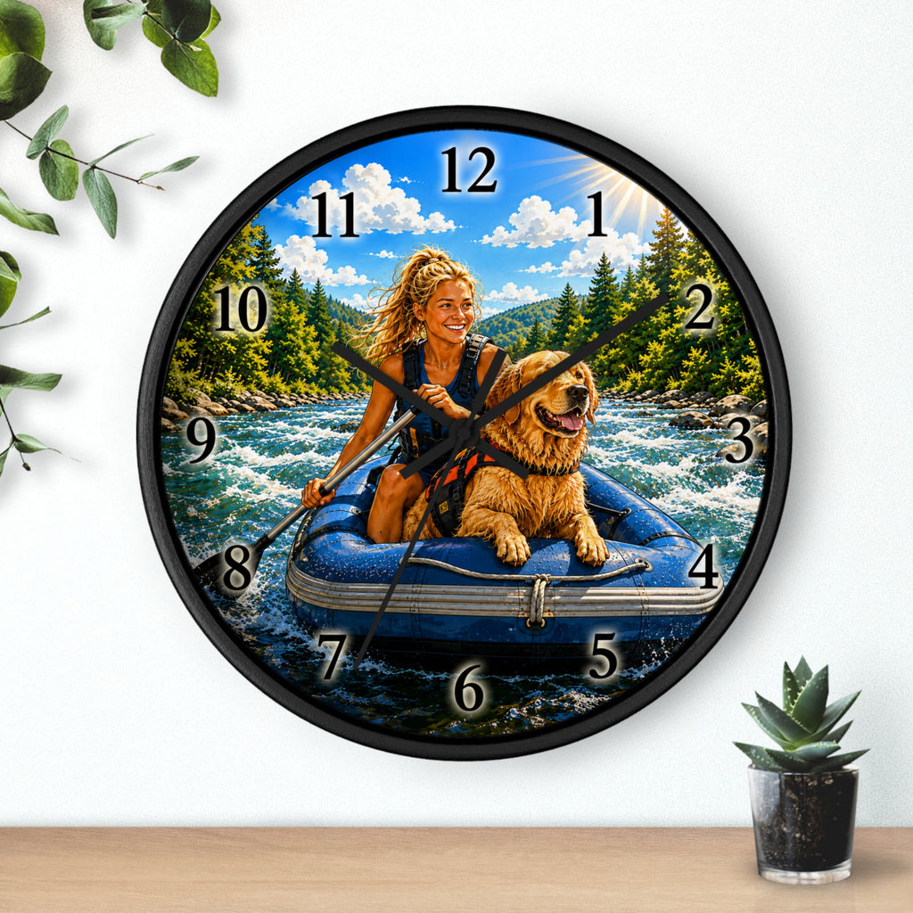 Wall Clock — River Rafting Adventure Clock with Woman and Dog
