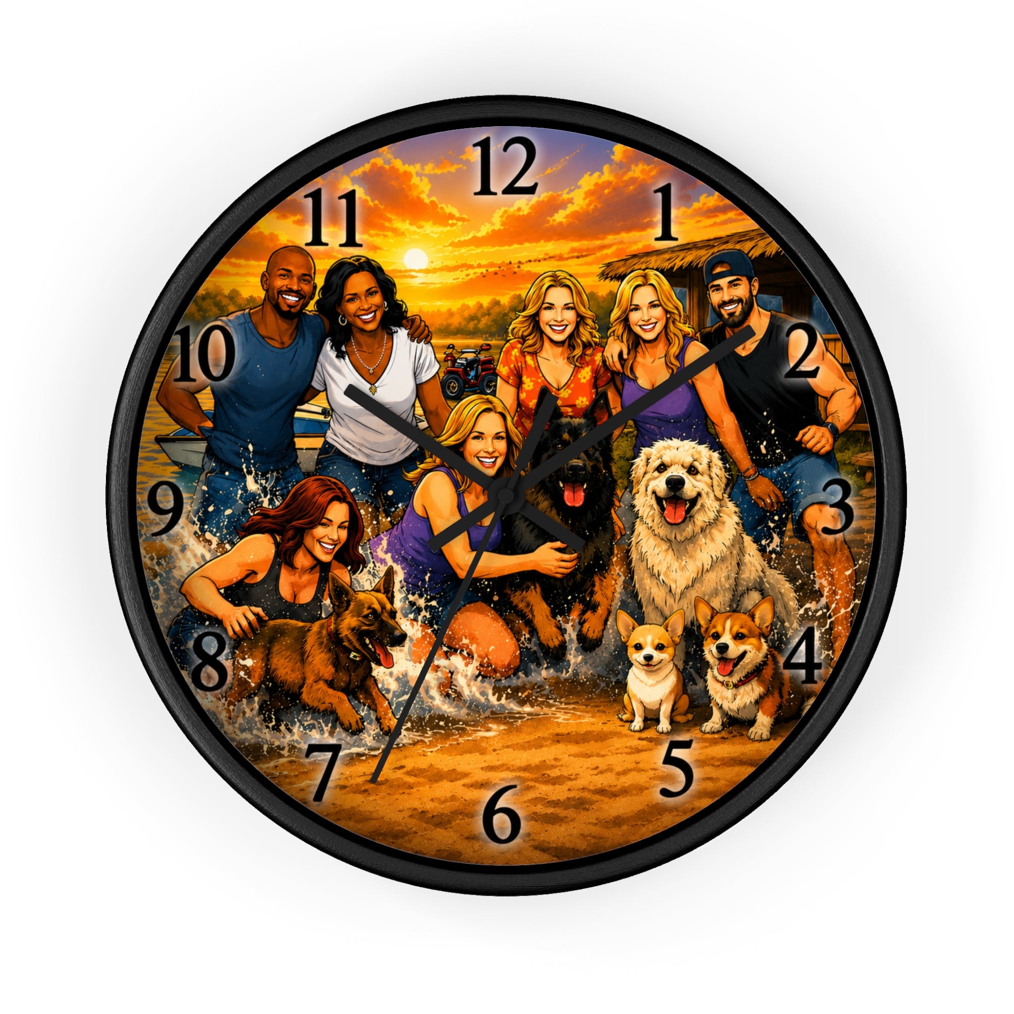 Sandy Paws Beach Wall Clock — Sunset Family and Dogs Portrait Design