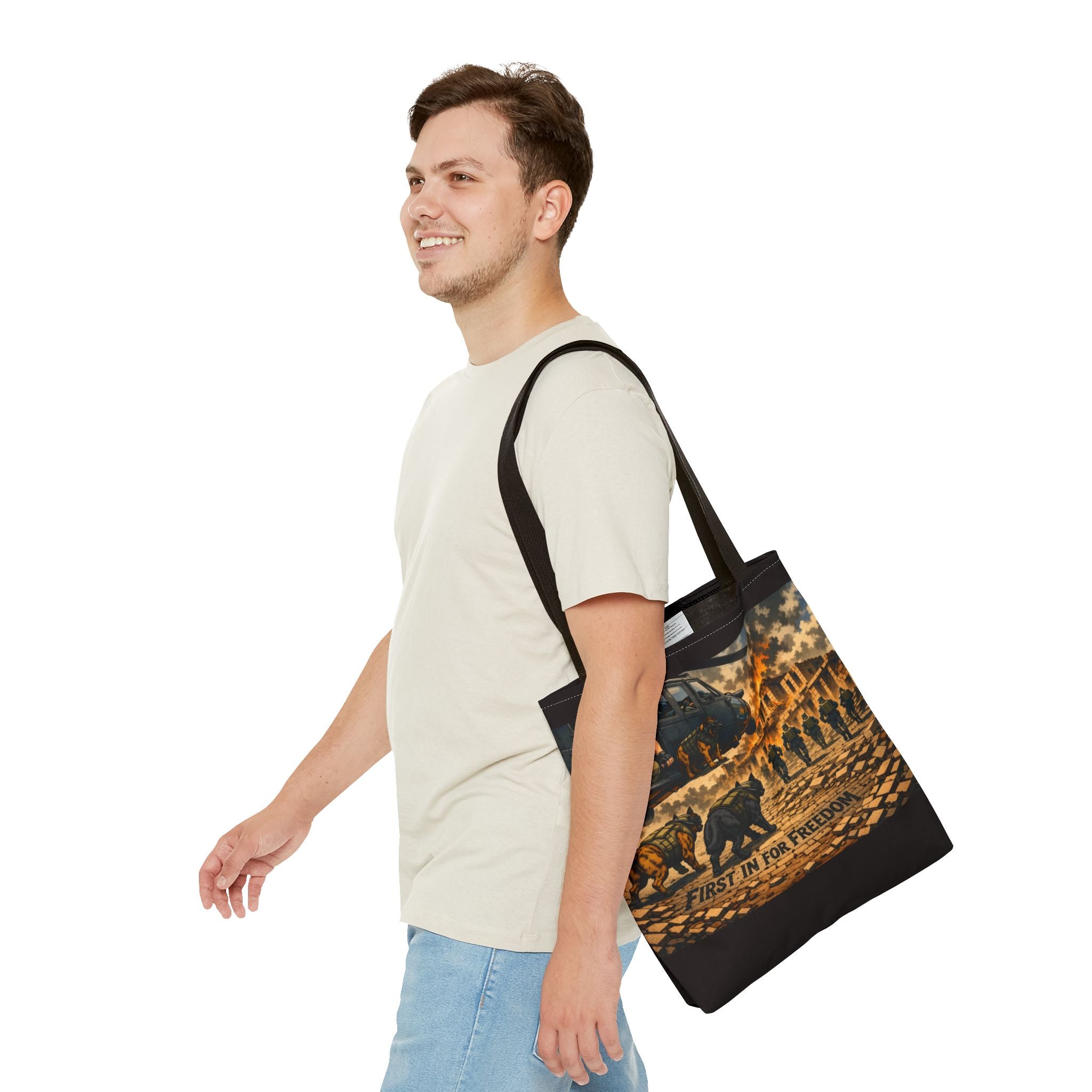 Tote Bag — "First In For Freedom" Military Scene Tote