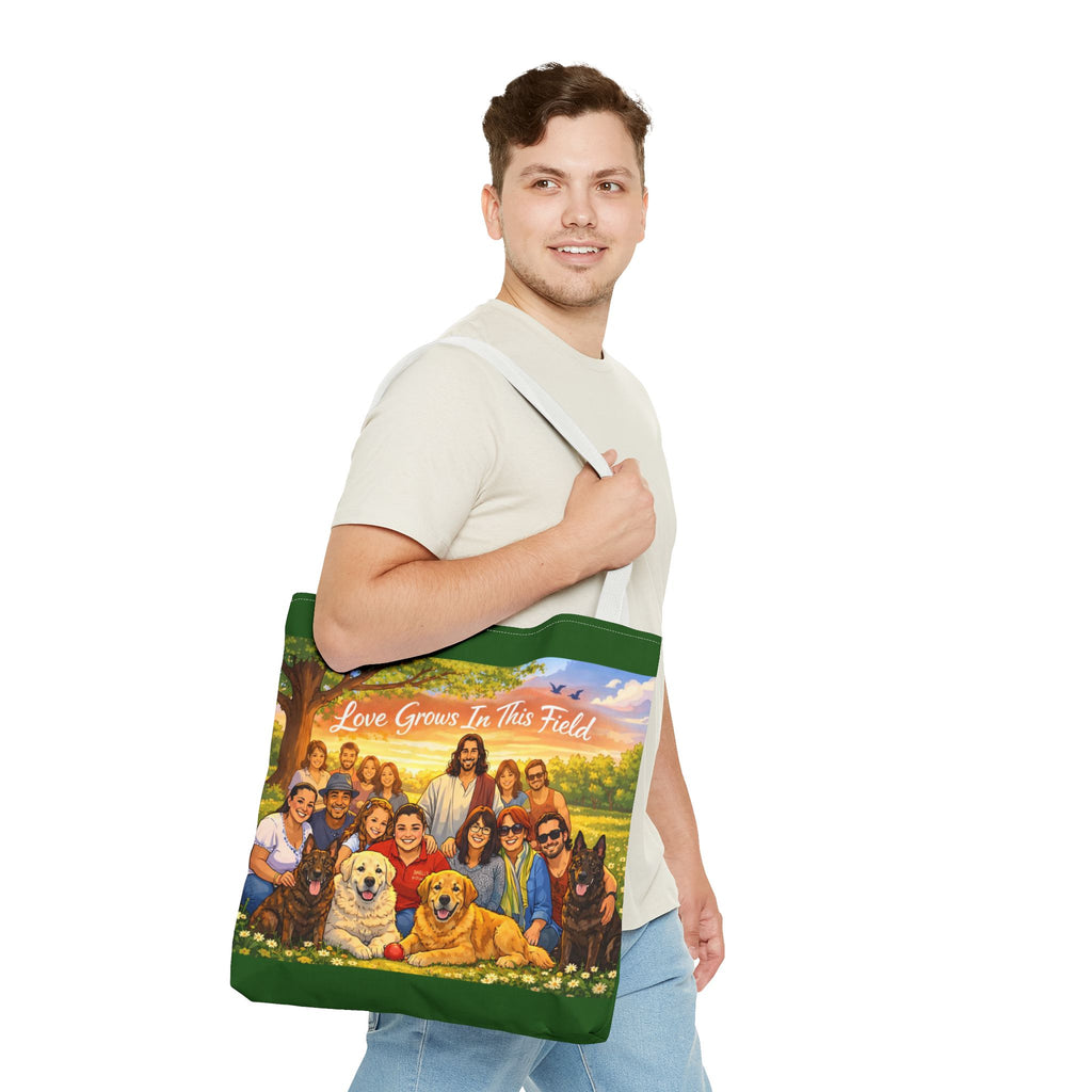 Love Grows In This Field Tote Bag — Jesus & Dogs Inspirational Art Tote