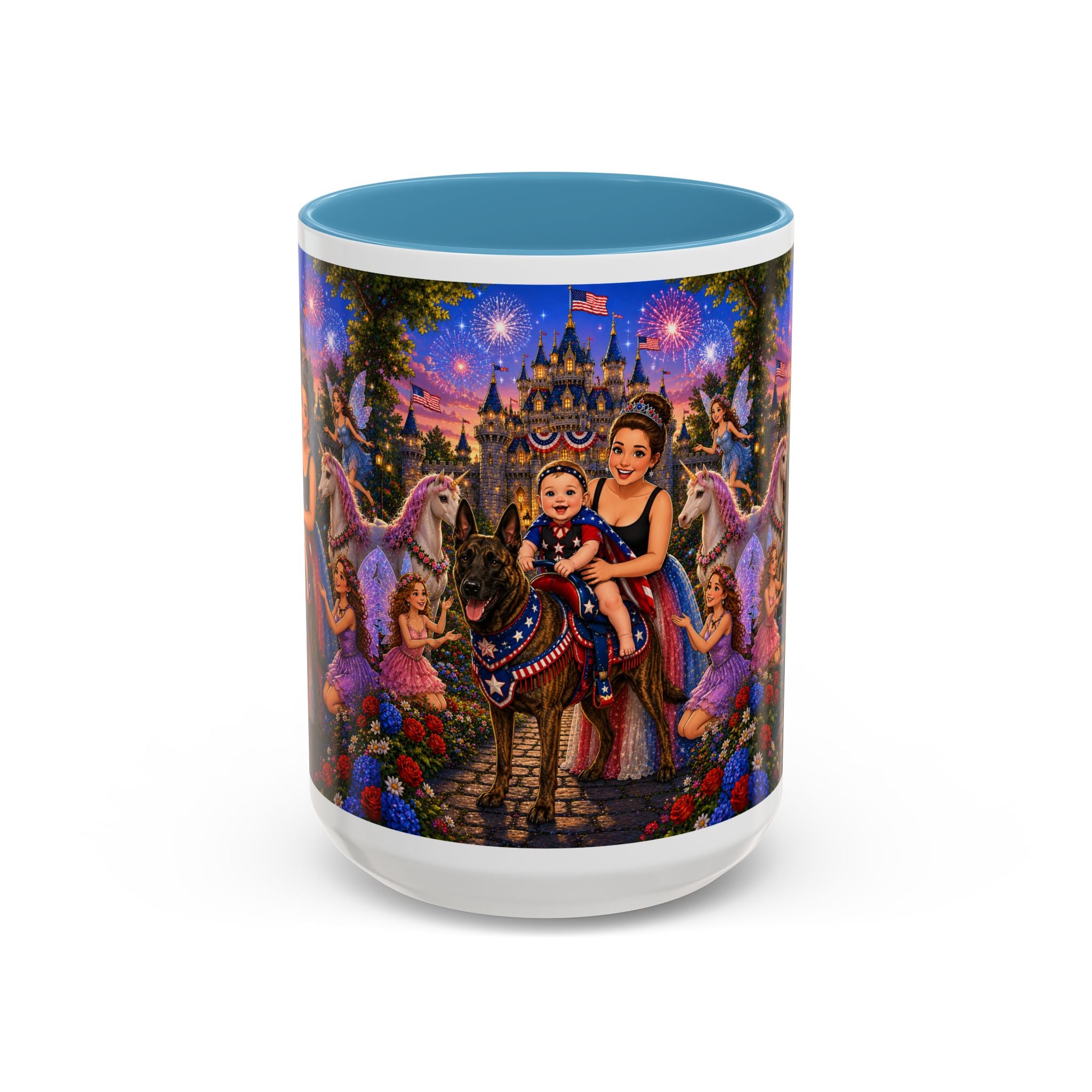 Patriotic Fairy Tale Coffee Mug — Family Castle, Fireworks & Unicorns