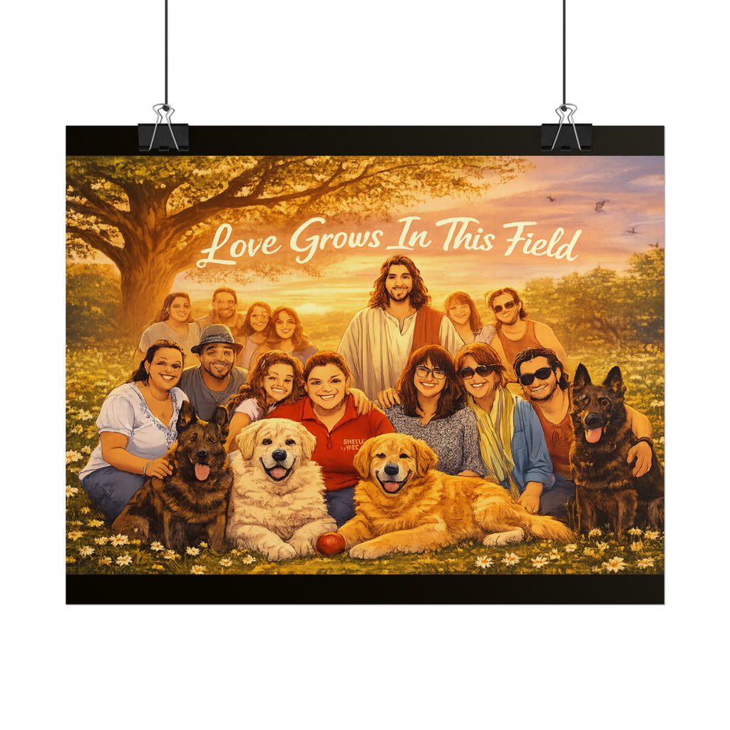 Rolled Poster — "Love Grows In This Field" Christian Jesus Family & Pets Wall Art