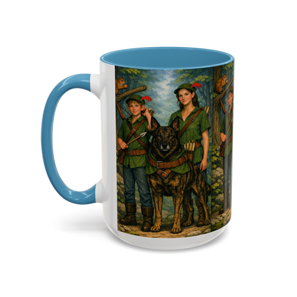 Robin Hood Duo &  Dutch Shepherd Dog Coffee Mug – Fantasy Archer Duo Illustration, Gift for Adventure Fans
