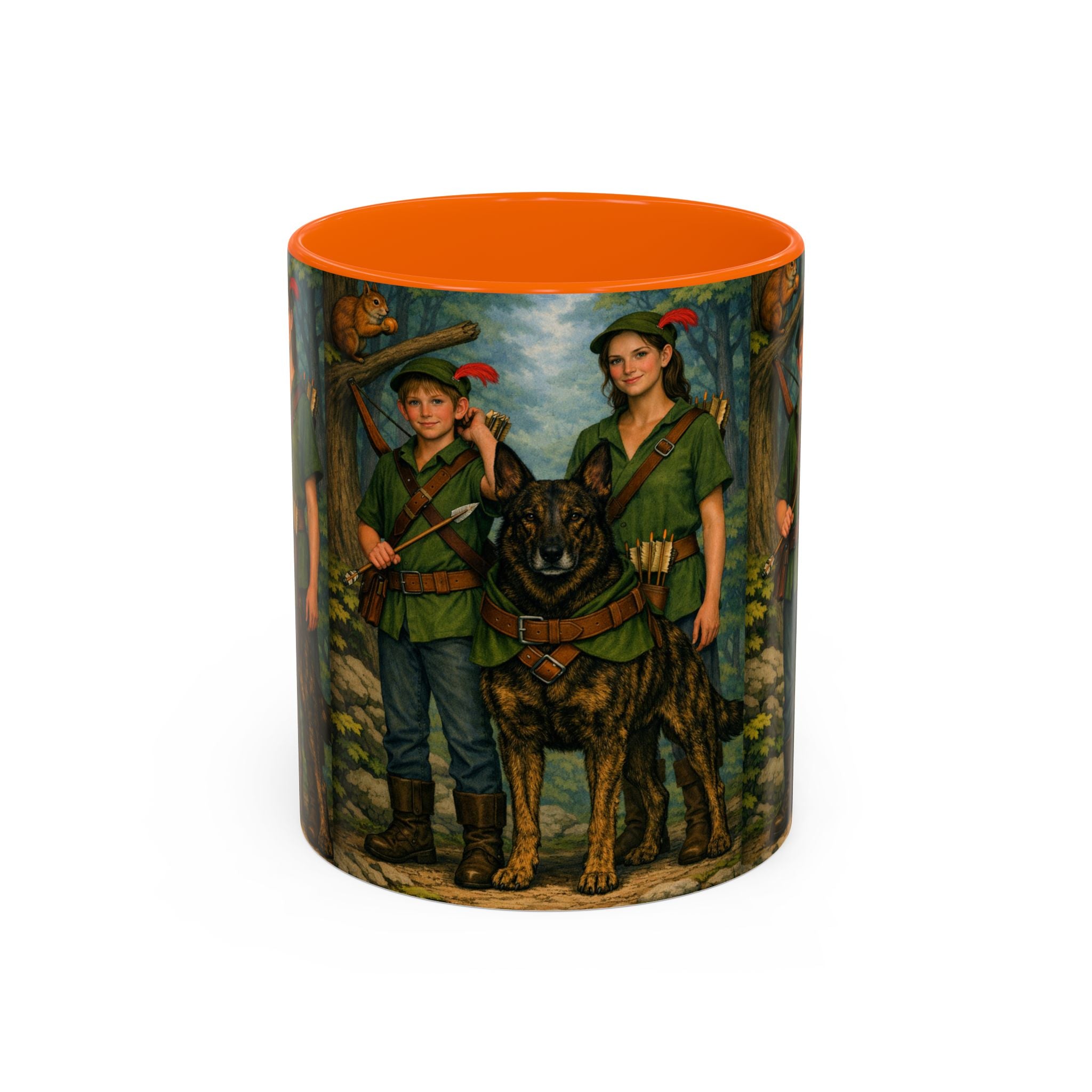 Robin Hood Duo &  Dutch Shepherd Dog Coffee Mug – Fantasy Archer Duo Illustration, Gift for Adventure Fans
