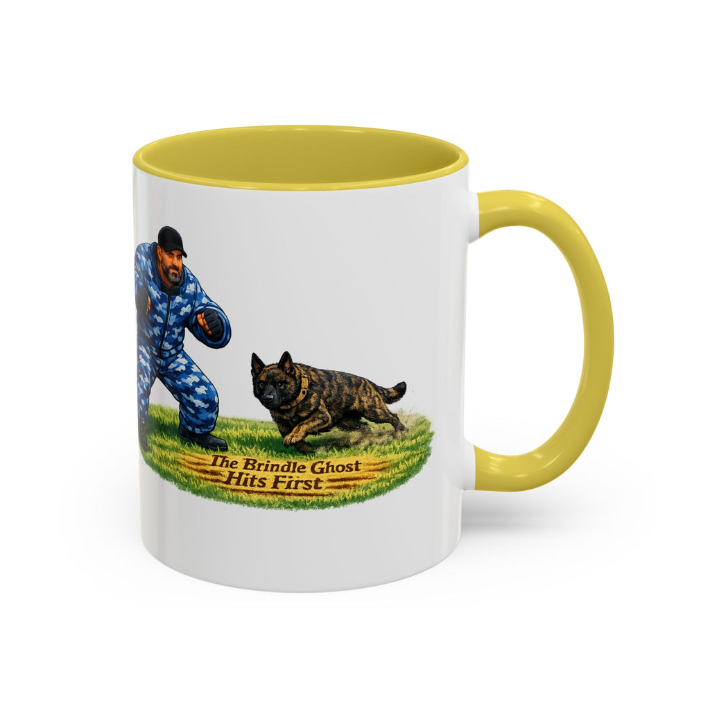 K9 Protection Trainer Mug — “The Brindle Ghost Hits First” Color Accent Coffee Cup (11oz/15oz)