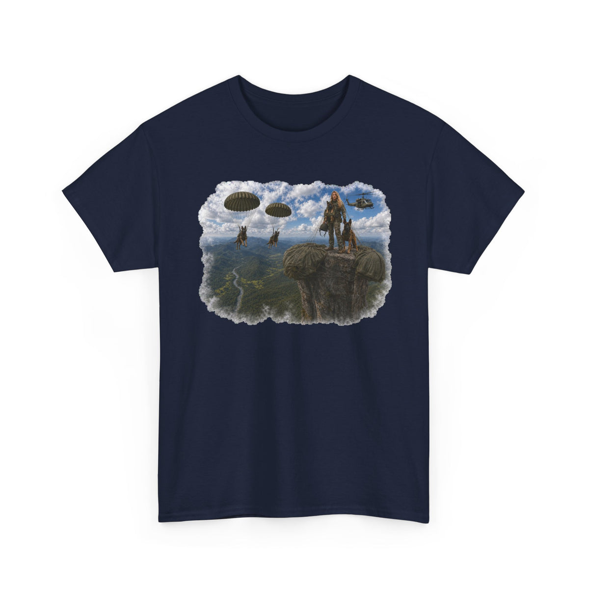 Fantasy Adventure T-Shirt — Warrior on Cliff with Airship Sky Scene