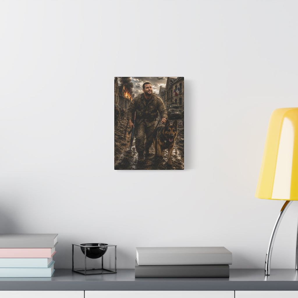War Hero Canvas Print — Soldier with Military Dog Matte Stretched Wall Art