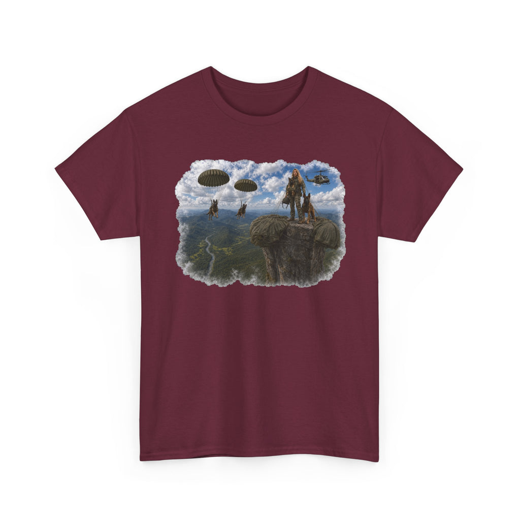 Fantasy Adventure T-Shirt — Warrior on Cliff with Airship Sky Scene