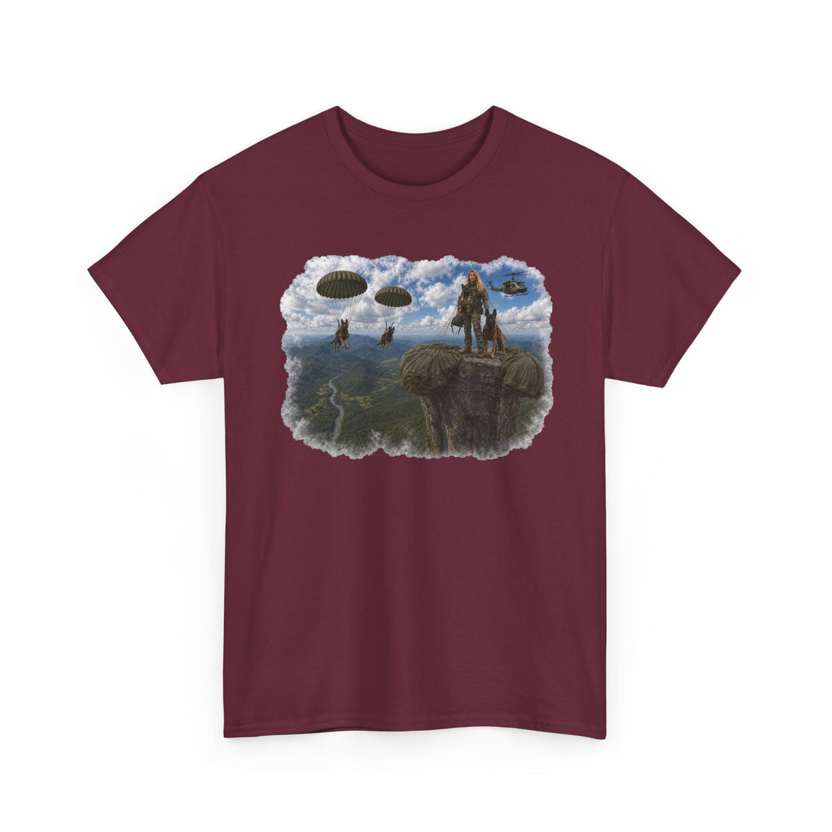 Fantasy Adventure T-Shirt — Warrior on Cliff with Airship Sky Scene