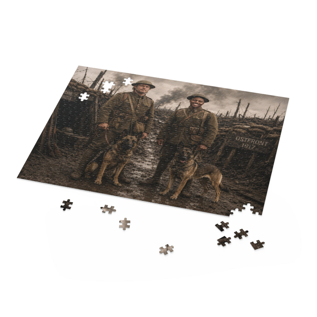 World War I Soldiers with Dogs Jigsaw Puzzle — 120/252/500-Piece Historical Trench Scene