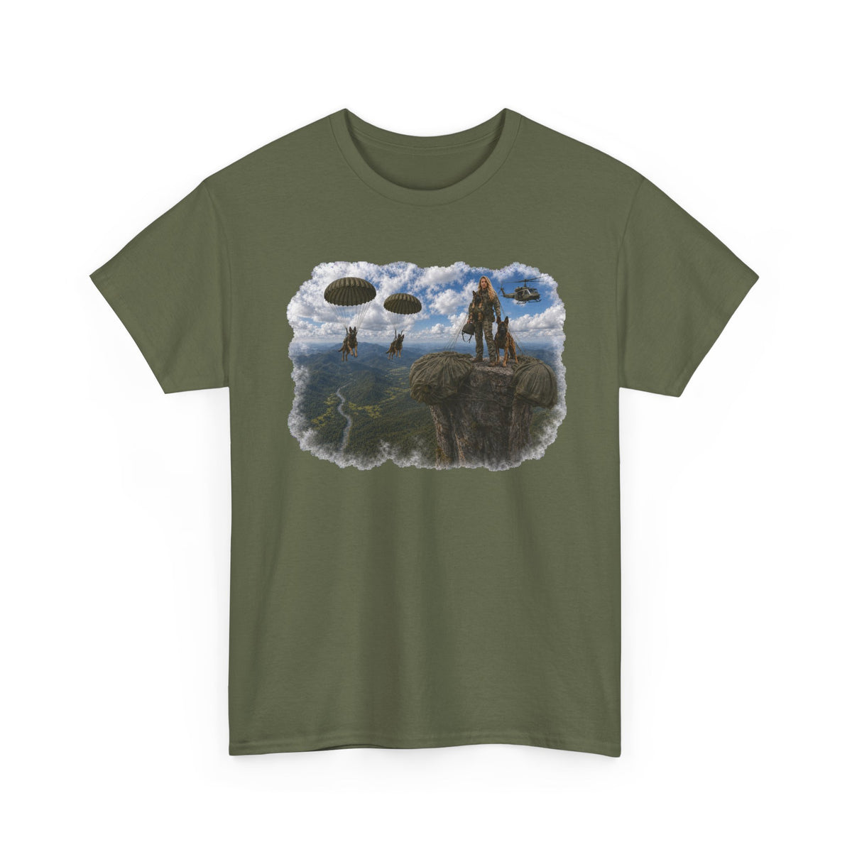 Fantasy Adventure T-Shirt — Warrior on Cliff with Airship Sky Scene