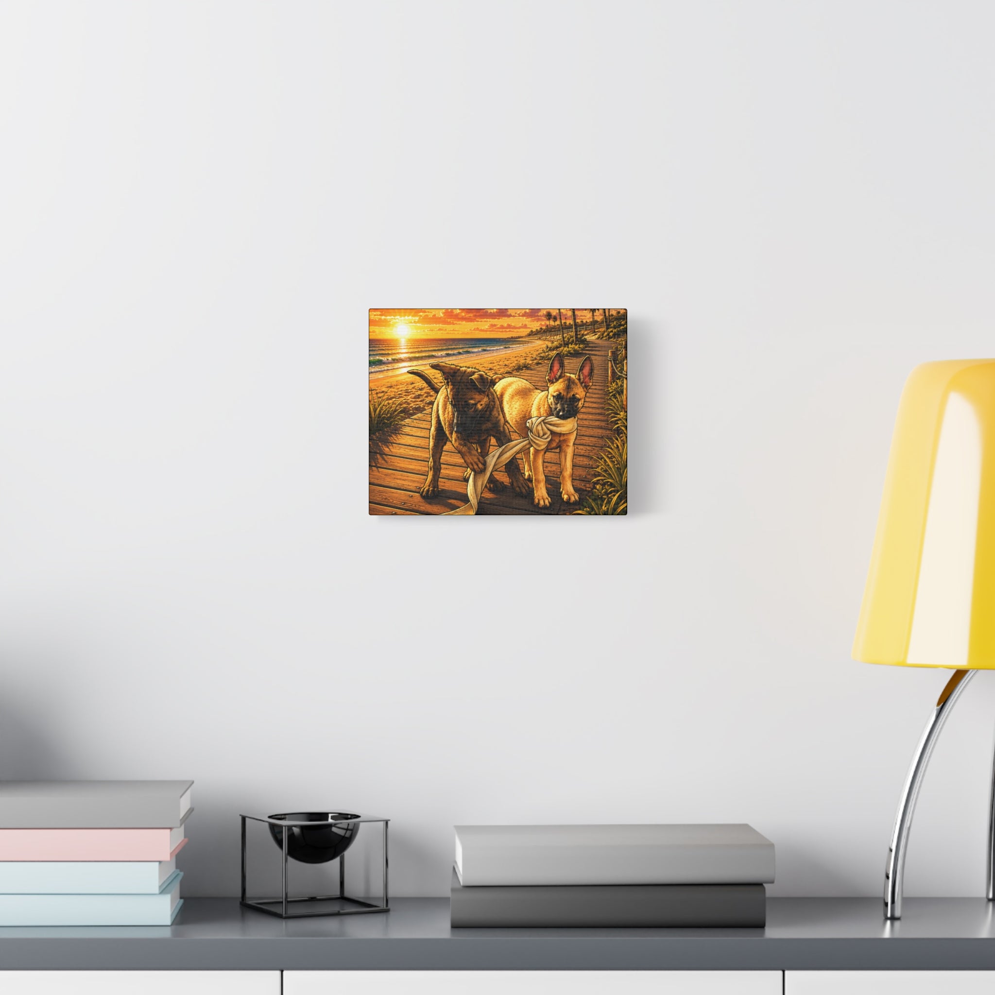 Malinois Puppies Playing on Sunset Beach Canvas