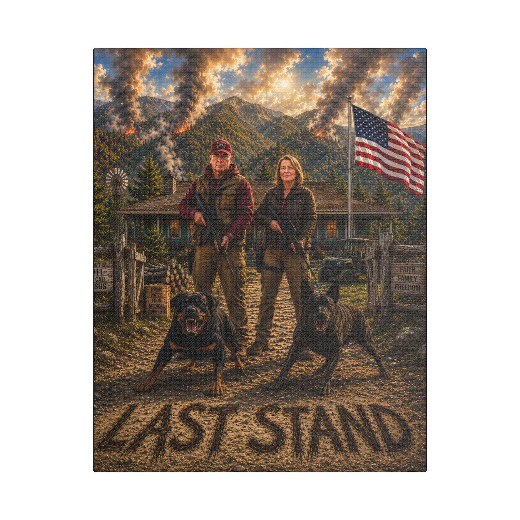 Last Stand Satin Canvas Wall Art — Patriotic Hunting Couple with Dogs