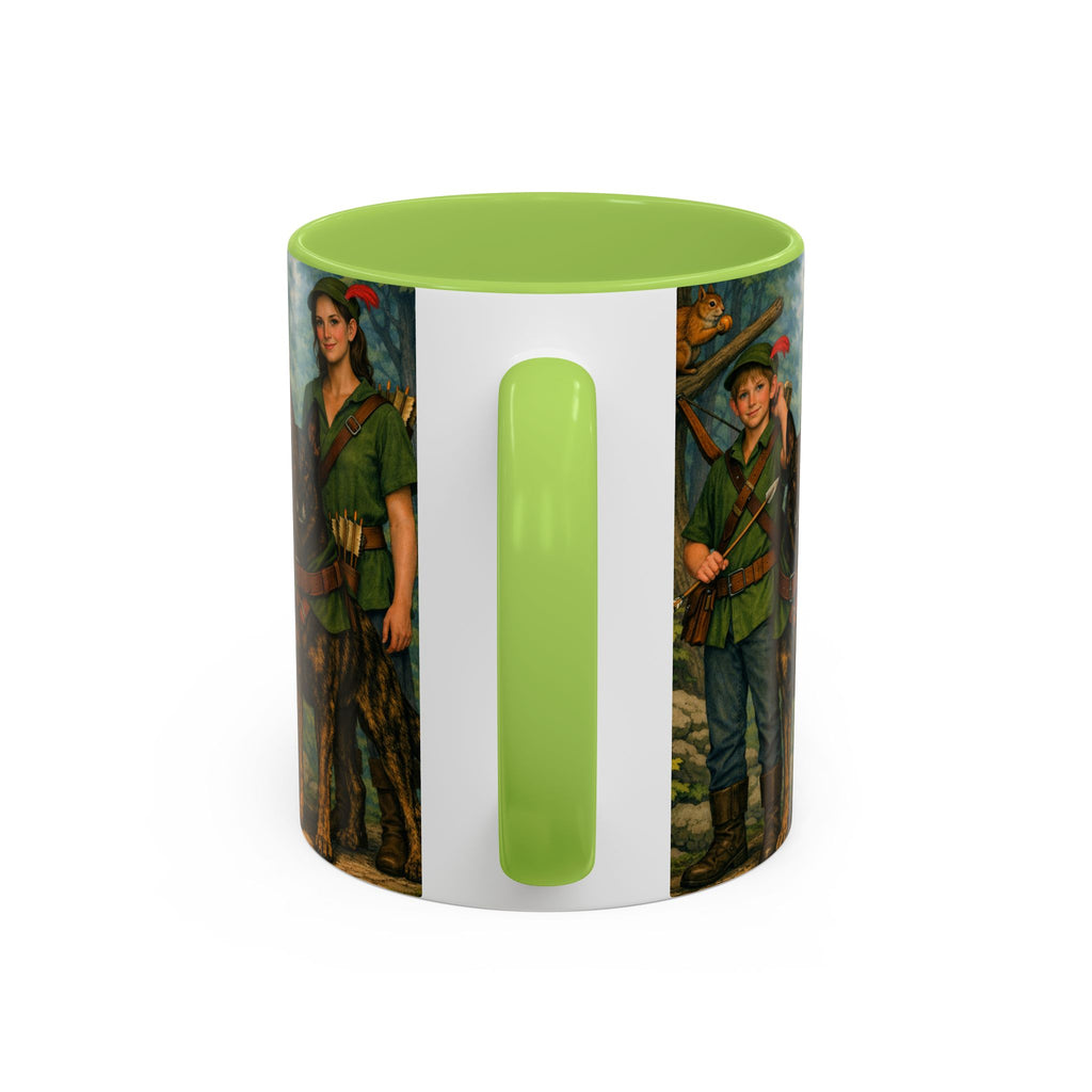 Robin Hood Duo &  Dutch Shepherd Dog Coffee Mug – Fantasy Archer Duo Illustration, Gift for Adventure Fans