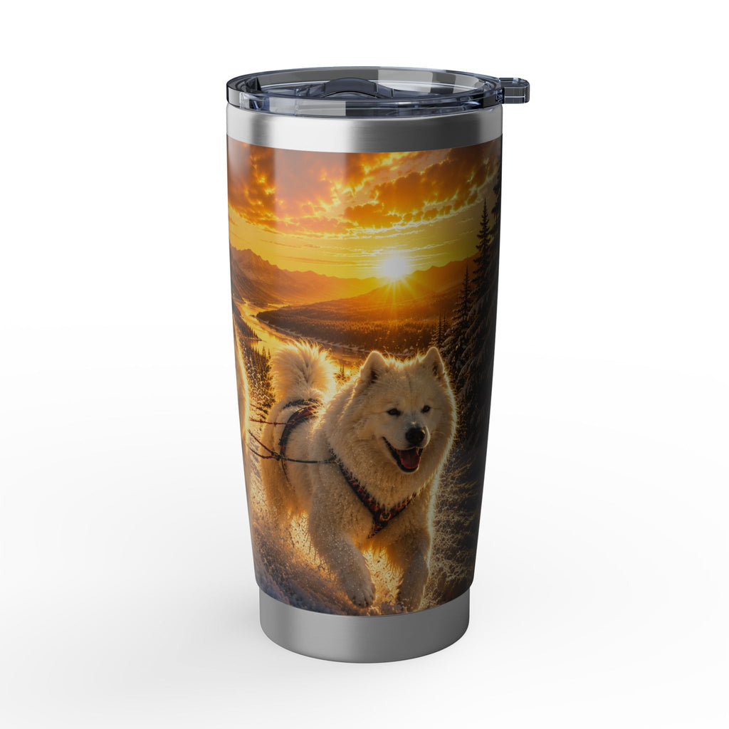 Samoyed Dog Team 20oz Tumbler — Golden Dawn Winter Scenic Travel Mug