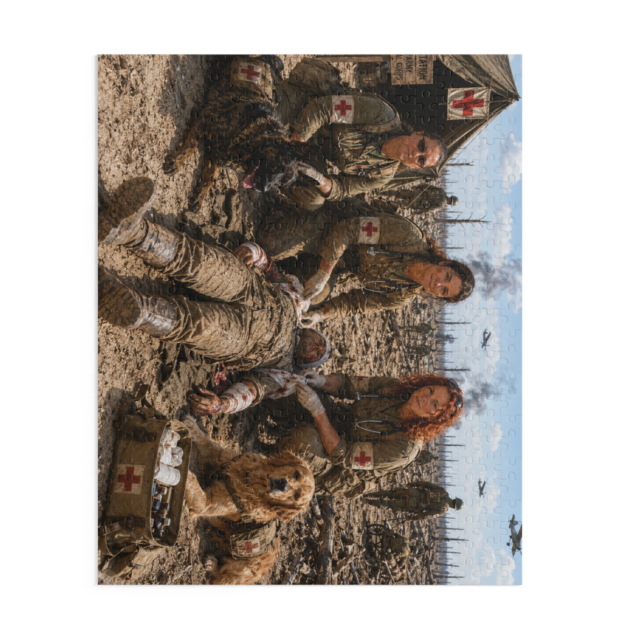 Military Medic Scene Puzzle — WWII Battlefield Nurses with Dogs (120/252/500-Piece)