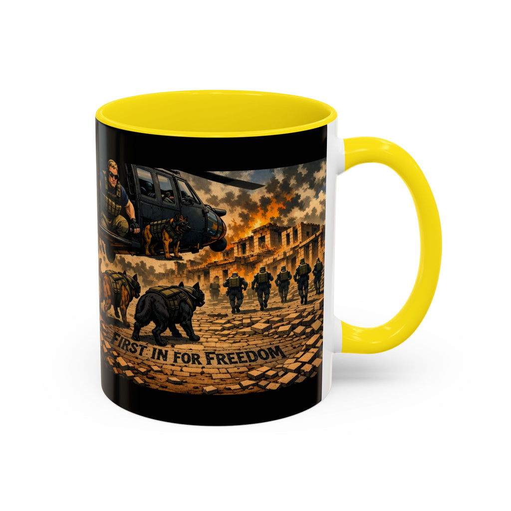 Military K9 Coffee Mug — 'First In for Freedom' Accent Ceramic Mug